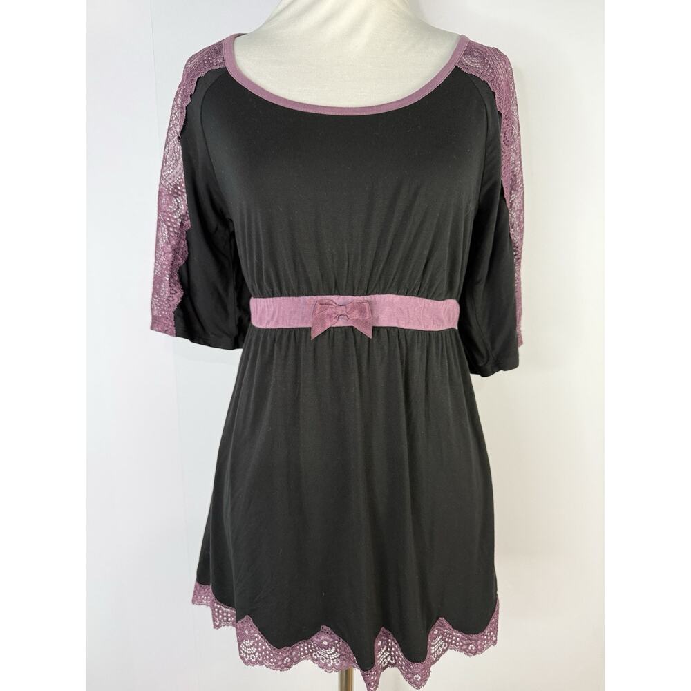 Soma Women's Top Size S Stretch Soft Babydoll Black Purple Lace Tunic Bow Whimsy